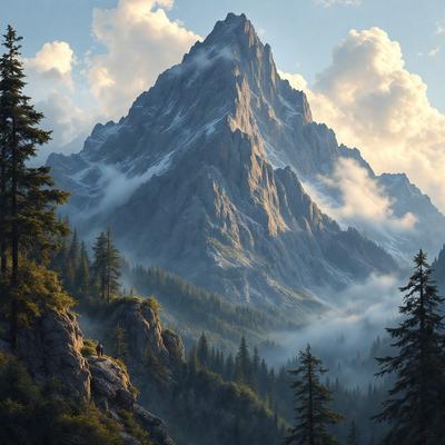 Primary subject: A majestic mountain with snow and clouds surrounding it.

Setting/background: The mountain is surrounded by a forest, with trees and clouds in the background.

Visual style: The image is a digital art or illustration, showcasing the mountain and its surroundings in a detailed and artistic manner.

Colors and mood: The image features a mix of colors, including shades of blue, white, and gray, which create a serene and dramatic atmosphere.